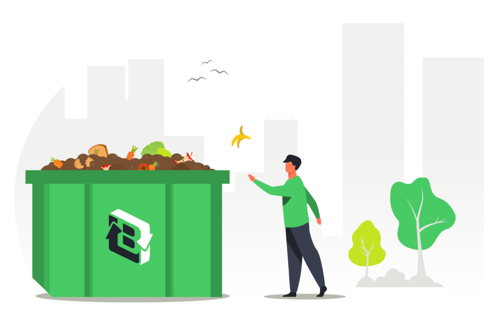 flat illustration of man throwing food waste in a dumpster